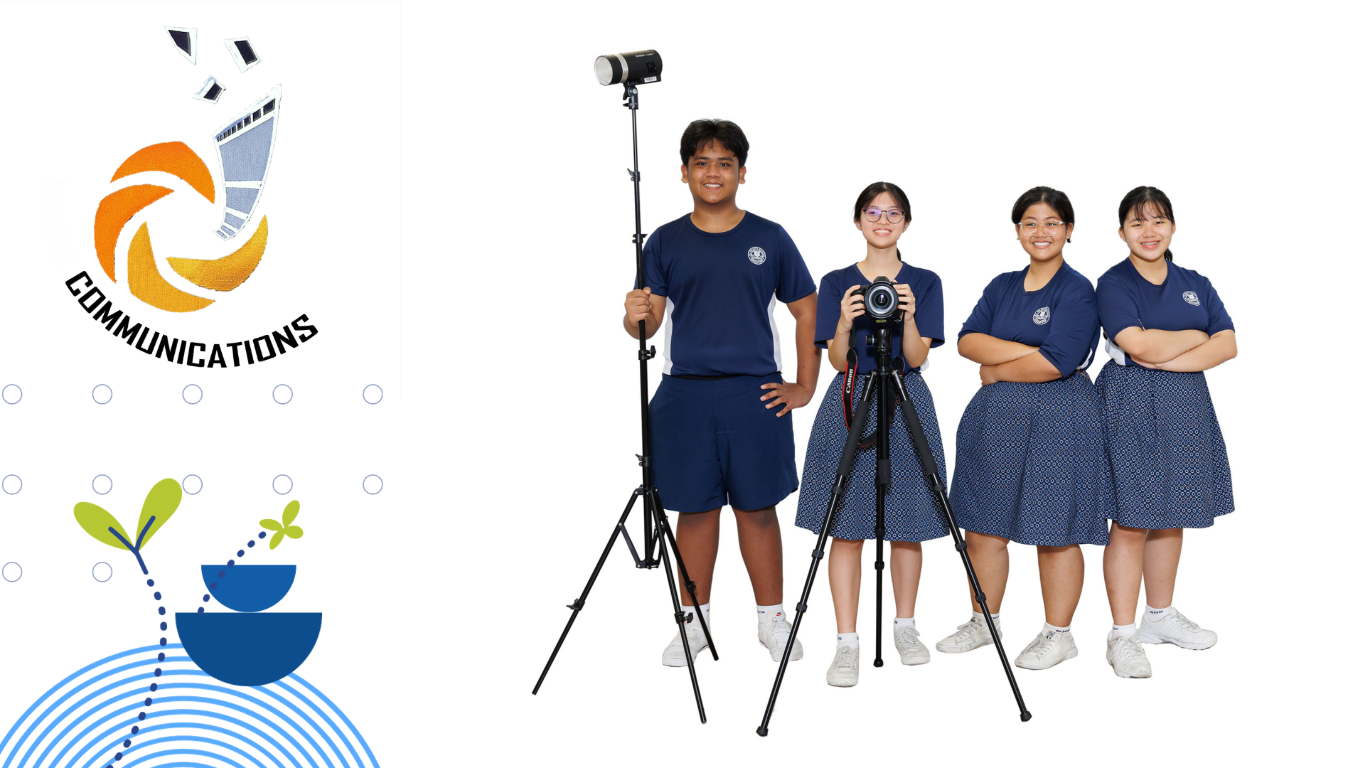 Four students in navy uniforms pose with a camera on a tripod and a light stand beside a Communications club logo.